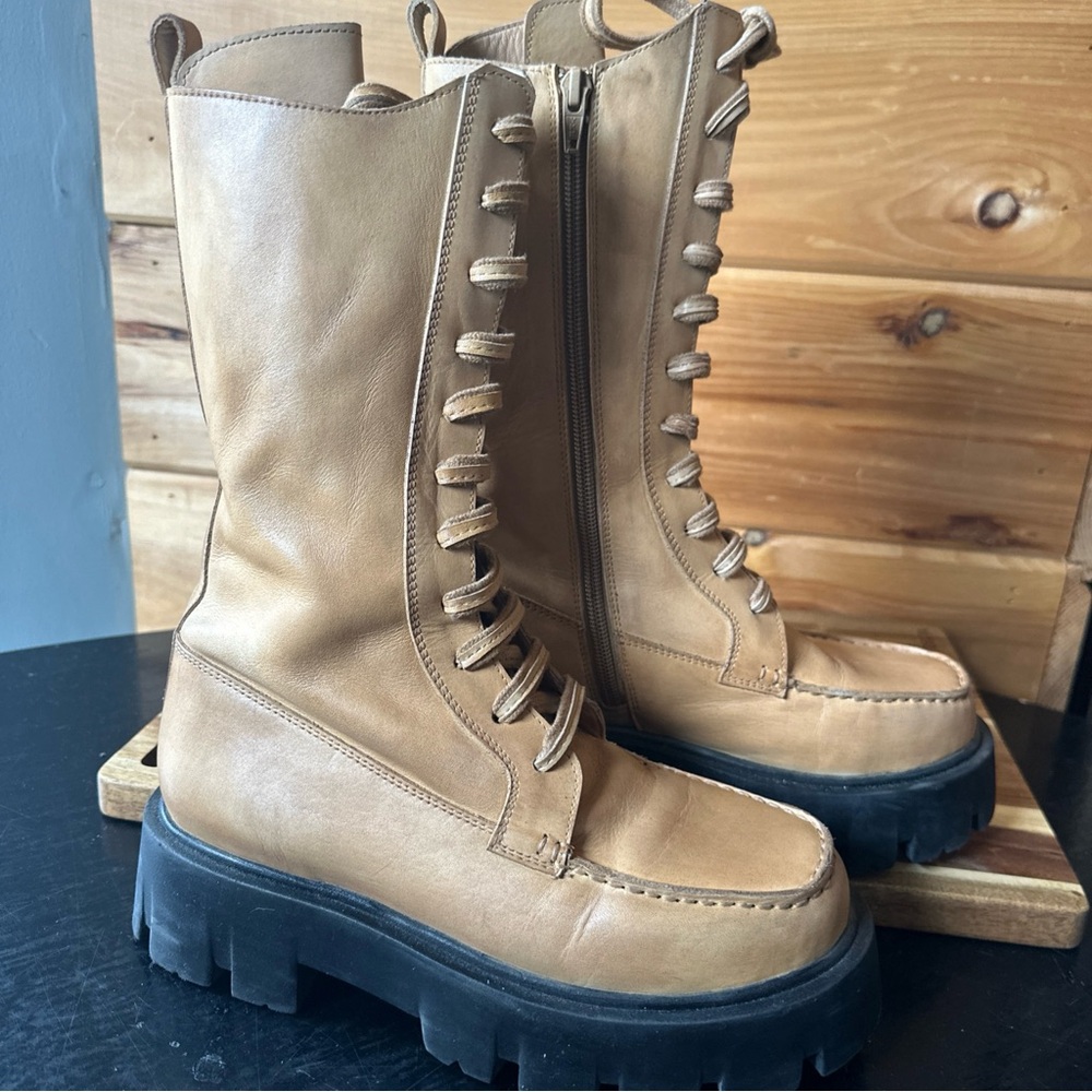 FREE PEOPLE Tan Leather Lug Sole JONES Platform Lace-Up Combat Boots